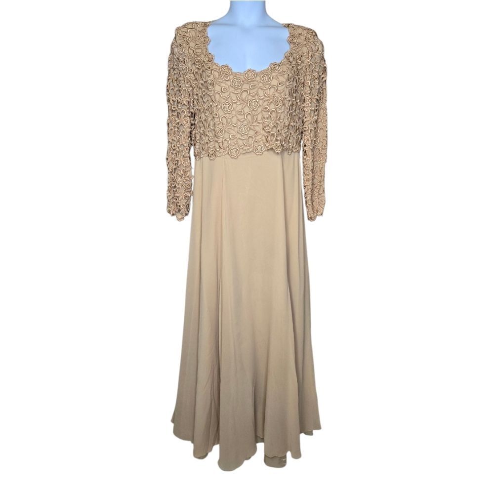 VINTAGE Oleg Cassini beige silk neutral crochet lace modest gown maxi dress 16